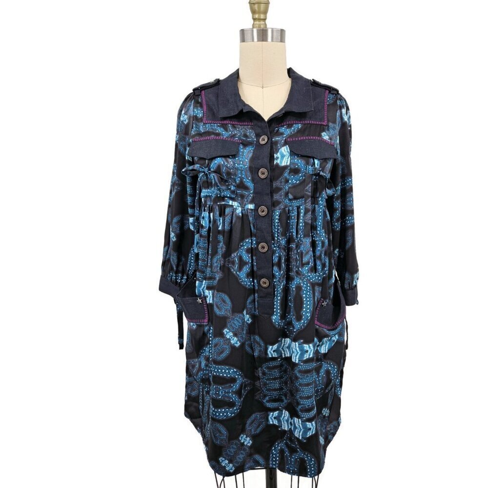 Custo Barcelona Silk Mini Dress Womens XS/S? Linen Collar Blue Black Long Sleeve